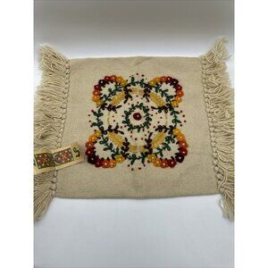 Vintage Woven Embroidered Wool Fringe Flower Fall Throw Pillow Cover NWT